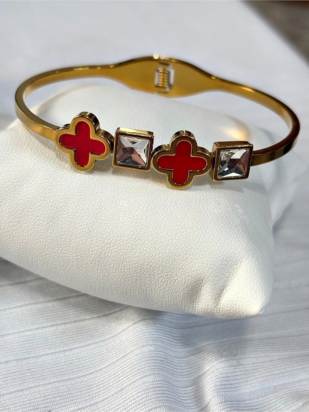 Red Clover & Crystal Bangle Bracelet